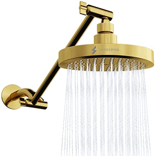 SparkPod Round Rain Shower Head with Extension Arm - Height Adjustable Shower Head with High Pressure Performance - Easy 1-Minute Installation (11" Arm Extension, Egyptian Gold) - Image 1
