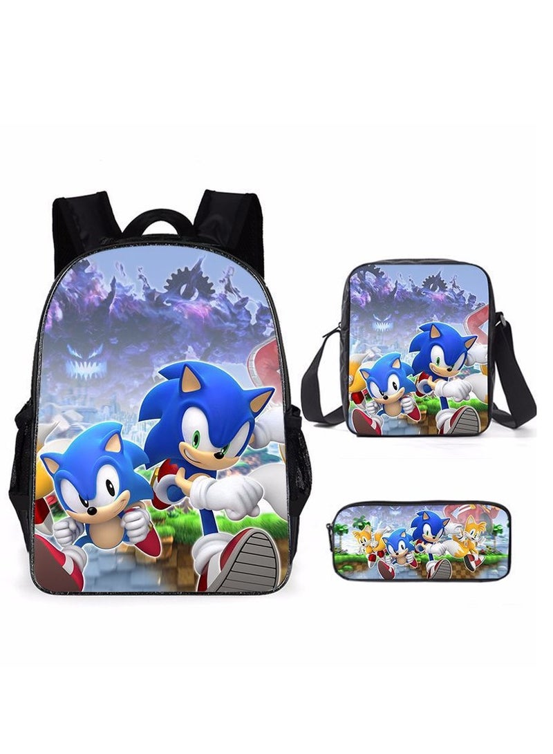Sonic student large capacity backpack three piece set, anime cartoon backpack, shoulder bag pen bag