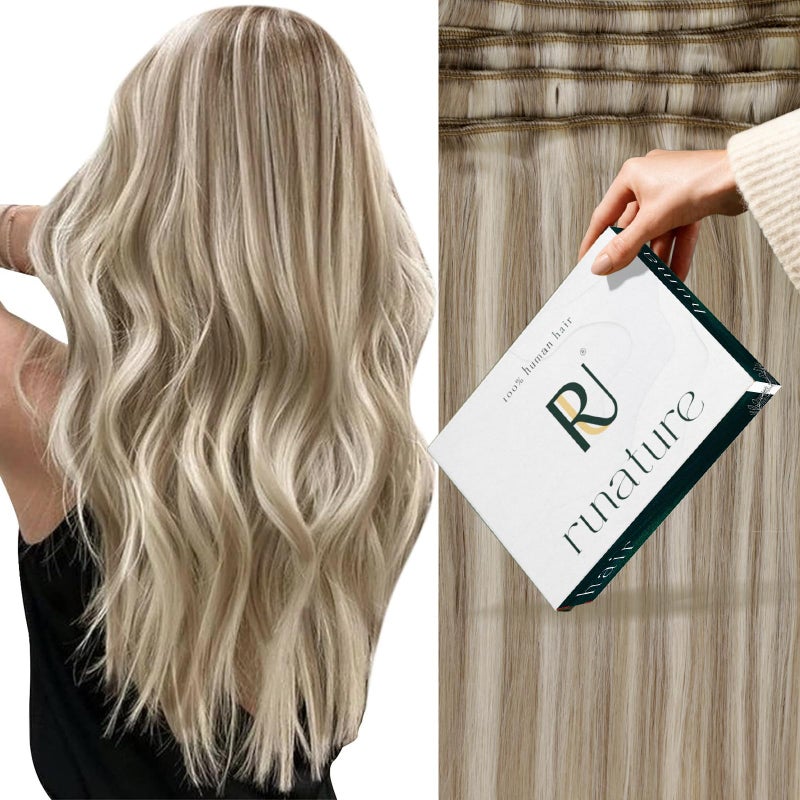 RUNATURE Weft Hair Extensions Human Hair Blonde Sew in Hair Extensions 12 Inch 70g Straight Human Hair Weft Extensions Remy Natural Hair Easy to Maintain 8P60 Brown Highlight Blonde