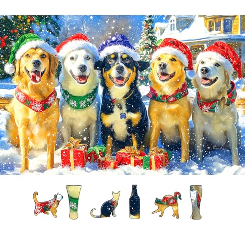 MINIWAN Christmas Dogs Puzzles for Adults 500 Pieces Winter Holiday Scene with Golden Retrievers Fun Animal Jigsaw Puzzles with Letters On Back Family Challenging Festive Puzzles Game for Seniors Adults - Image 1