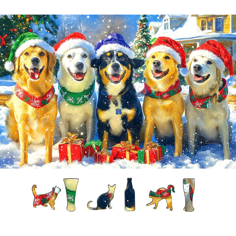 MINIWAN Christmas Dogs Puzzles for Adults 500 Pieces Winter Holiday Scene with Golden Retrievers Fun Animal Jigsaw Puzzles with Letters On Back Family Challenging Festive Puzzles Game for Seniors Adults - Image 3