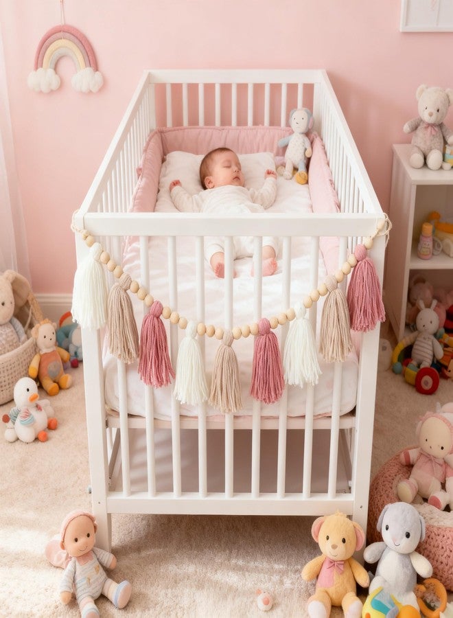 DCJHFJ Pink Khaki White Wool Tassel Garland Banner with Wooden Beads Baby Shower High Chair Banner - Image 3