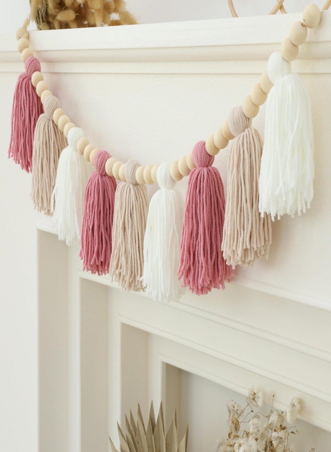 DCJHFJ Pink Khaki White Wool Tassel Garland Banner with Wooden Beads Baby Shower High Chair Banner - Image 5