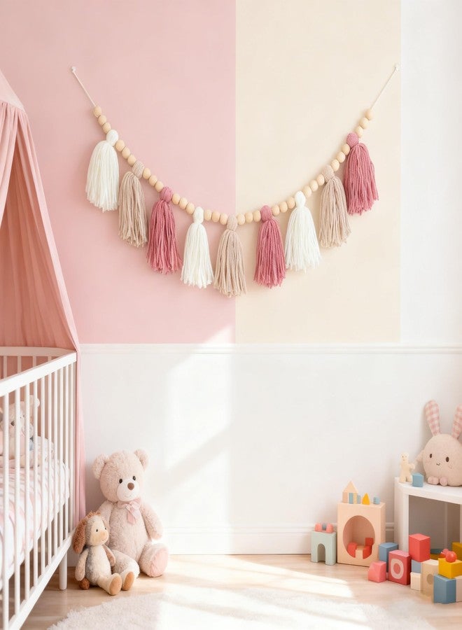 DCJHFJ Pink Khaki White Wool Tassel Garland Banner with Wooden Beads Baby Shower High Chair Banner - Image 2