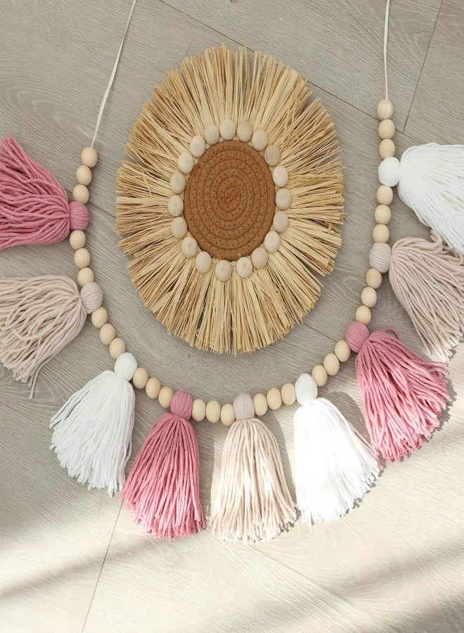 DCJHFJ Pink Khaki White Wool Tassel Garland Banner with Wooden Beads Baby Shower High Chair Banner - Image 4