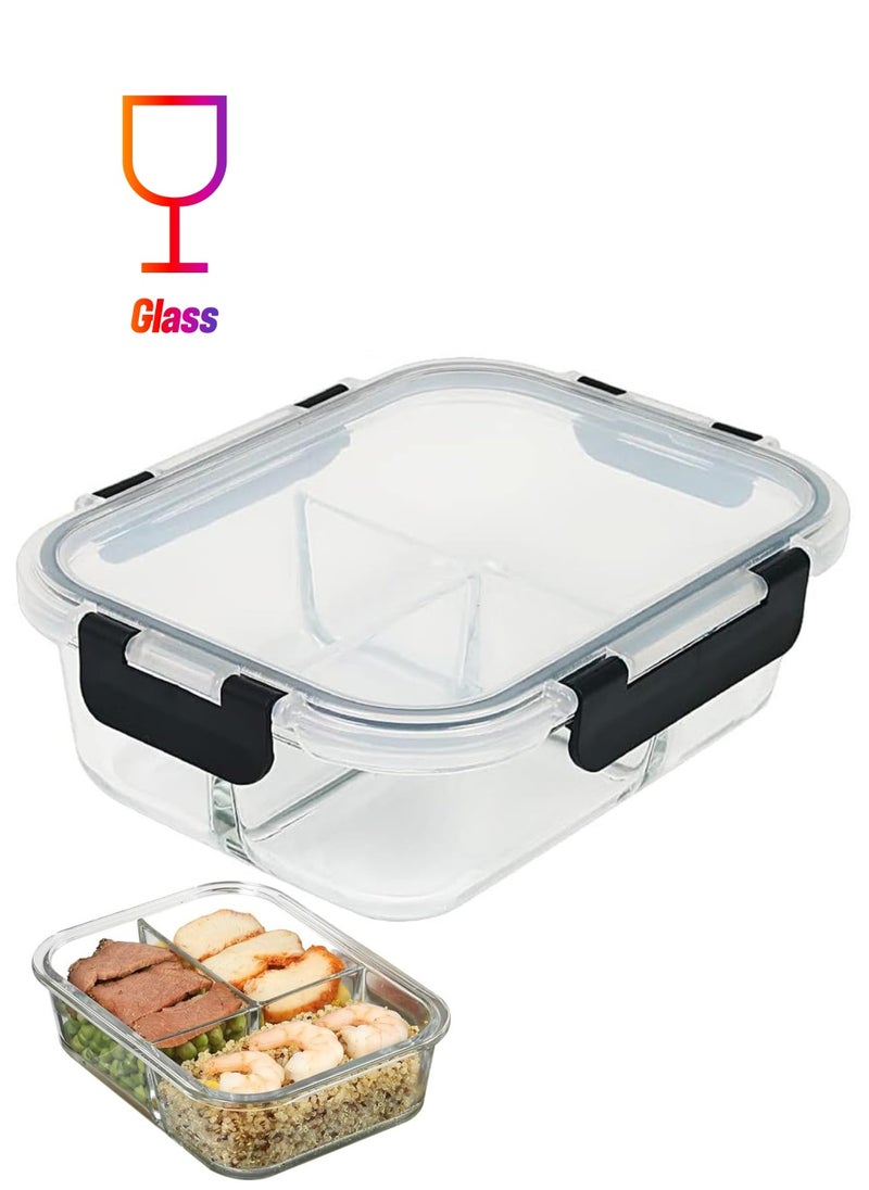 TYCOM Glass Meal Prep Containers (1 pcs Rectangle) - Glass Food Storage Containers with Lids, Glass Lunch Box, Portion Control, Airtight, Glass Bento Box Lunch Containers- 3 Compartments Black  - Image 1