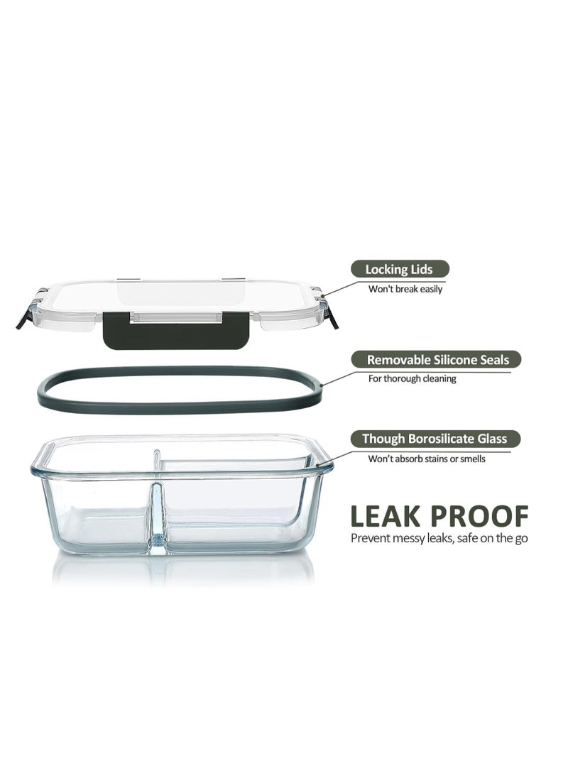 TYCOM Glass Meal Prep Containers (1 pcs Rectangle) - Glass Food Storage Containers with Lids, Glass Lunch Box, Portion Control, Airtight, Glass Bento Box Lunch Containers- 3 Compartments Black  - Image 3