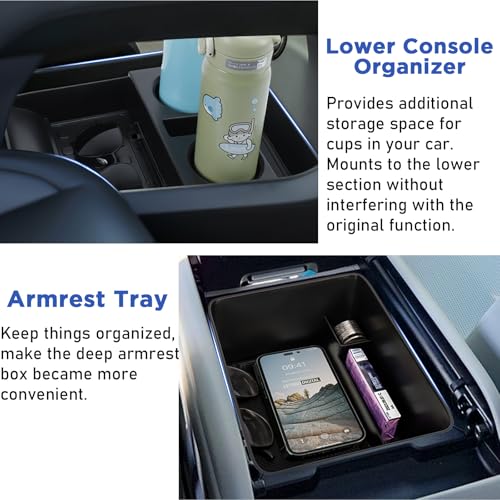 Carwiner 2PCS Center Console Organizer Compatible with 2024 2025 Hyundai Santa Fe Accessories Armrest Drawer Storage Box with Cup Holder Insert - Image 2