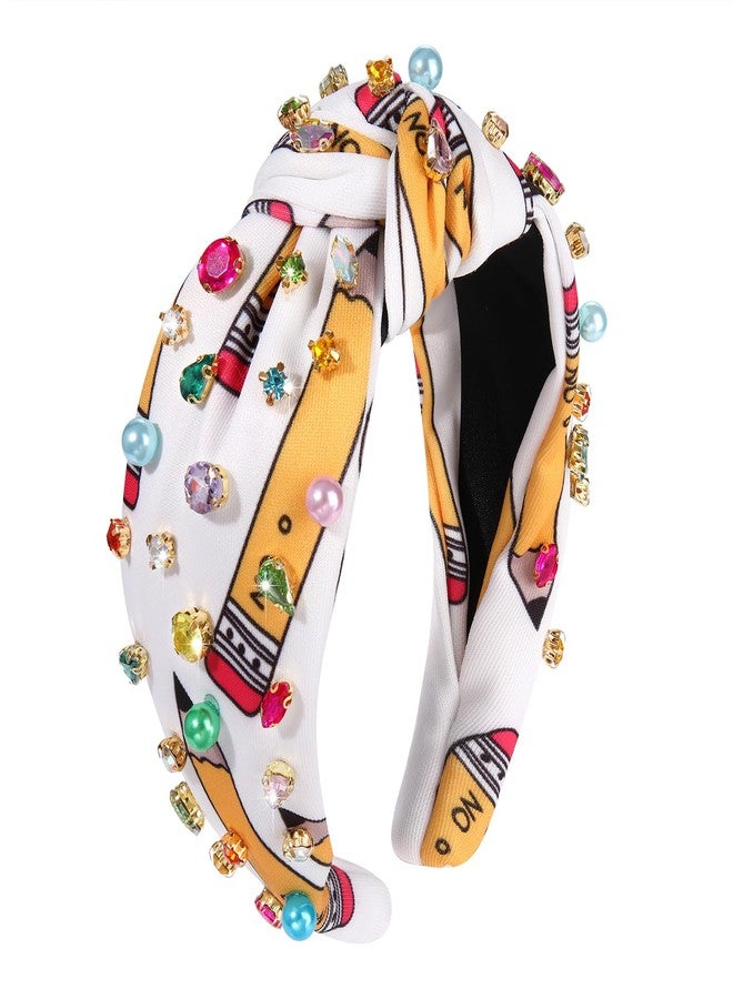 boderier Teacher Headbands for Women Beaded Crystal Knotted Headband Pencil Apple Headband Teacher Hair Accessories (Crystal Beaded) - Image 1