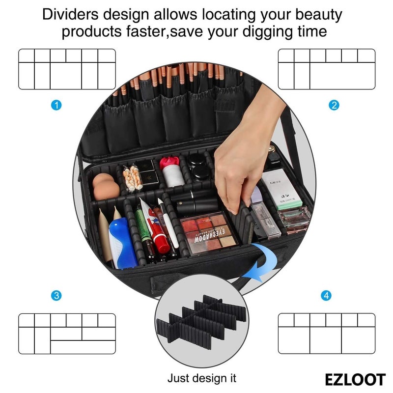 EZLOOT Nylon Travel Makeup Case Professional Cosmetic Train Cases Artist Storage Bag Make Up Tool Boxes Brushes Bags with Compartments Vanity Organizer 16 INCH2 Layer Black - Image 5
