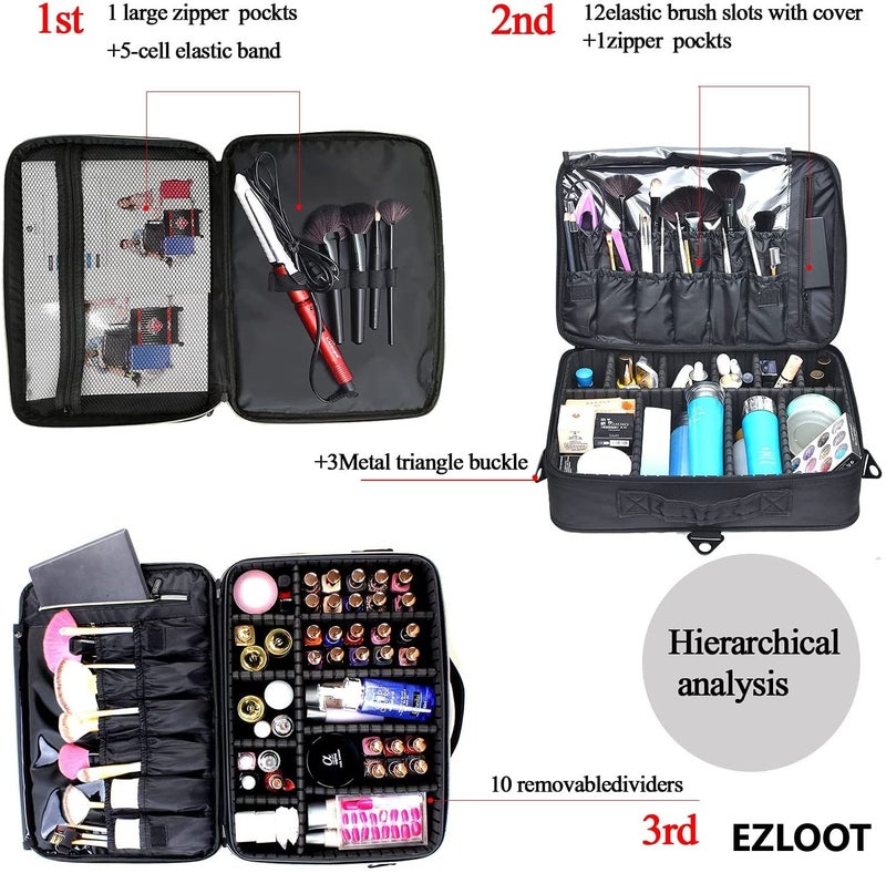 EZLOOT Nylon Travel Makeup Case Professional Cosmetic Train Cases Artist Storage Bag Make Up Tool Boxes Brushes Bags with Compartments Vanity Organizer 16 INCH2 Layer Black - Image 4
