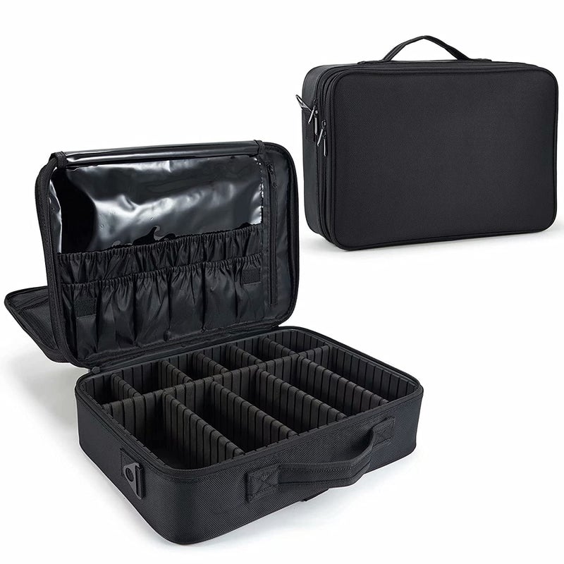 EZLOOT Nylon Travel Makeup Case Professional Cosmetic Train Cases Artist Storage Bag Make Up Tool Boxes Brushes Bags with Compartments Vanity Organizer 16 INCH2 Layer Black - Image 1