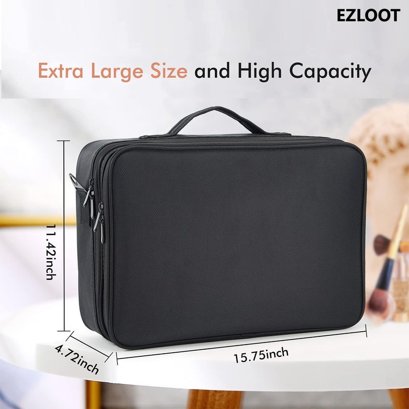 EZLOOT Nylon Travel Makeup Case Professional Cosmetic Train Cases Artist Storage Bag Make Up Tool Boxes Brushes Bags with Compartments Vanity Organizer 16 INCH2 Layer Black - Image 3