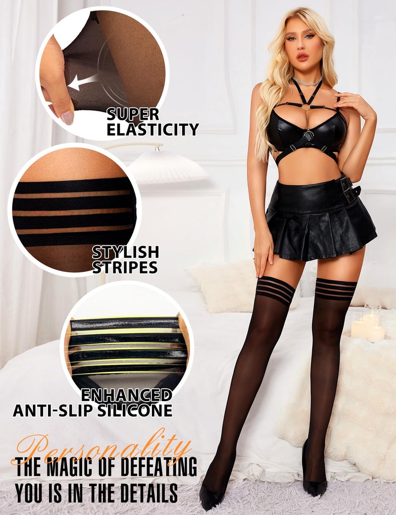 RSLOVE Thigh High Stockings for Women - Stripe Top with Anti-Slip Silicone Stay Up Sheer Pantyhose for Women Black One Size - Image 3