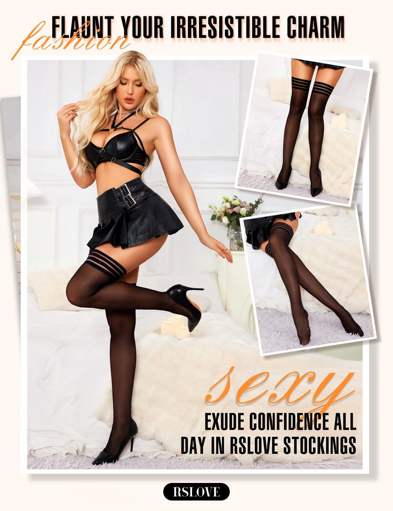 RSLOVE Thigh High Stockings for Women - Stripe Top with Anti-Slip Silicone Stay Up Sheer Pantyhose for Women Black One Size - Image 4