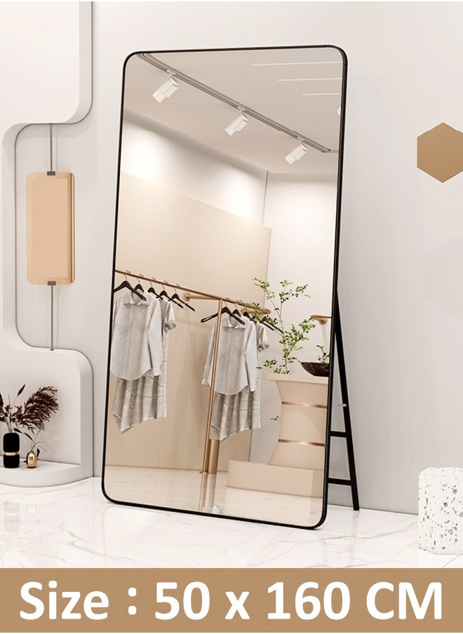 Multipurpose Use Rectangular Shape Design Wide Full Length Mirror Standing Hanging or Leaning Against Wall Large Bedroom Floor Mirror Dressing Mirror Wall-Mounted Full Body Mirror Round Corner Durable Metal Frame Support Decorative Mirror for Living Room Home Shops 50x160 cm