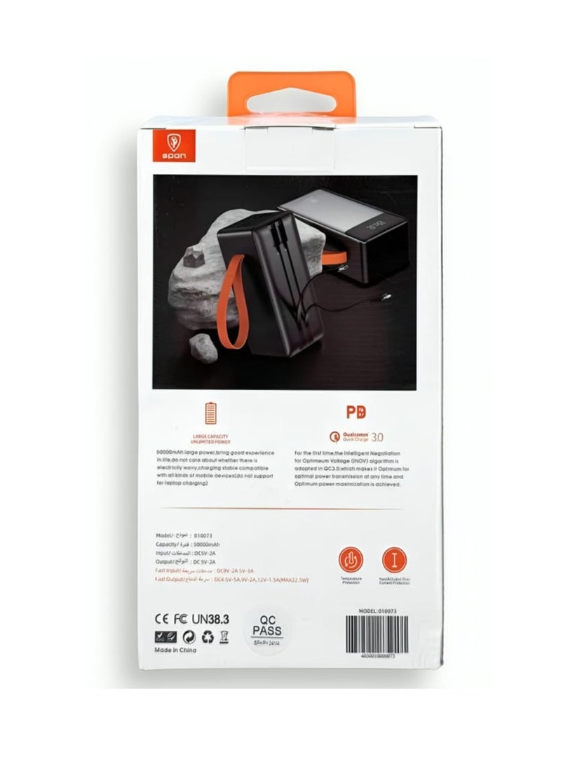 50000mAh Power Bank with 2 Built-in Cables and 22.5W Hanging Cord and Display Screen