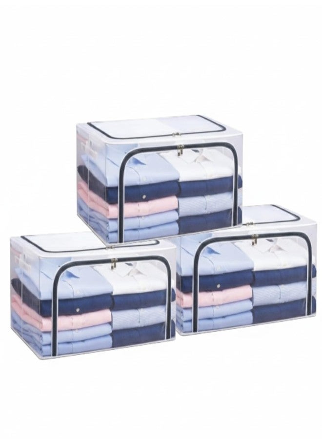 Raggle 3PCS Fully Transparent Openings Clothes Storage Bins with Metal Frame, Stackable & Foldable Storage Box with Lids, Closet Organizers, Cap, Sweater (40L x 30W x 20H) CM. (Transparent, 24L-3) - Image 1