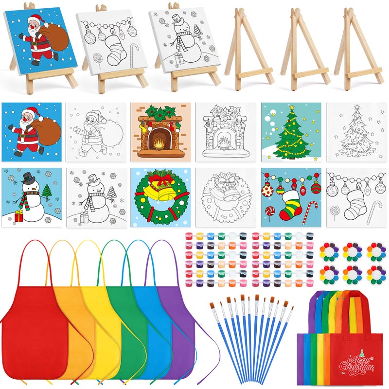 Aneco 6 Packs 4 x 4 Inch Mini Christmas Canvases for Painting with Easels Aprons Canvas Tote Bags Brushes Palettes Stretched Canvas Painting Set Xmas Supplies Kit for Acrylic Oil Paint Party - Image 2