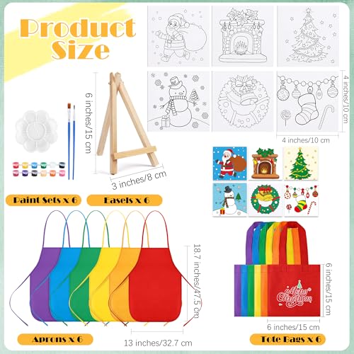 Aneco 6 Packs 4 x 4 Inch Mini Christmas Canvases for Painting with Easels Aprons Canvas Tote Bags Brushes Palettes Stretched Canvas Painting Set Xmas Supplies Kit for Acrylic Oil Paint Party - Image 3