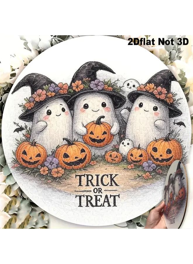 2D Flat Retro Halloween Wooden Wreath With Ghosts For Home Decor 1pc - Image 5