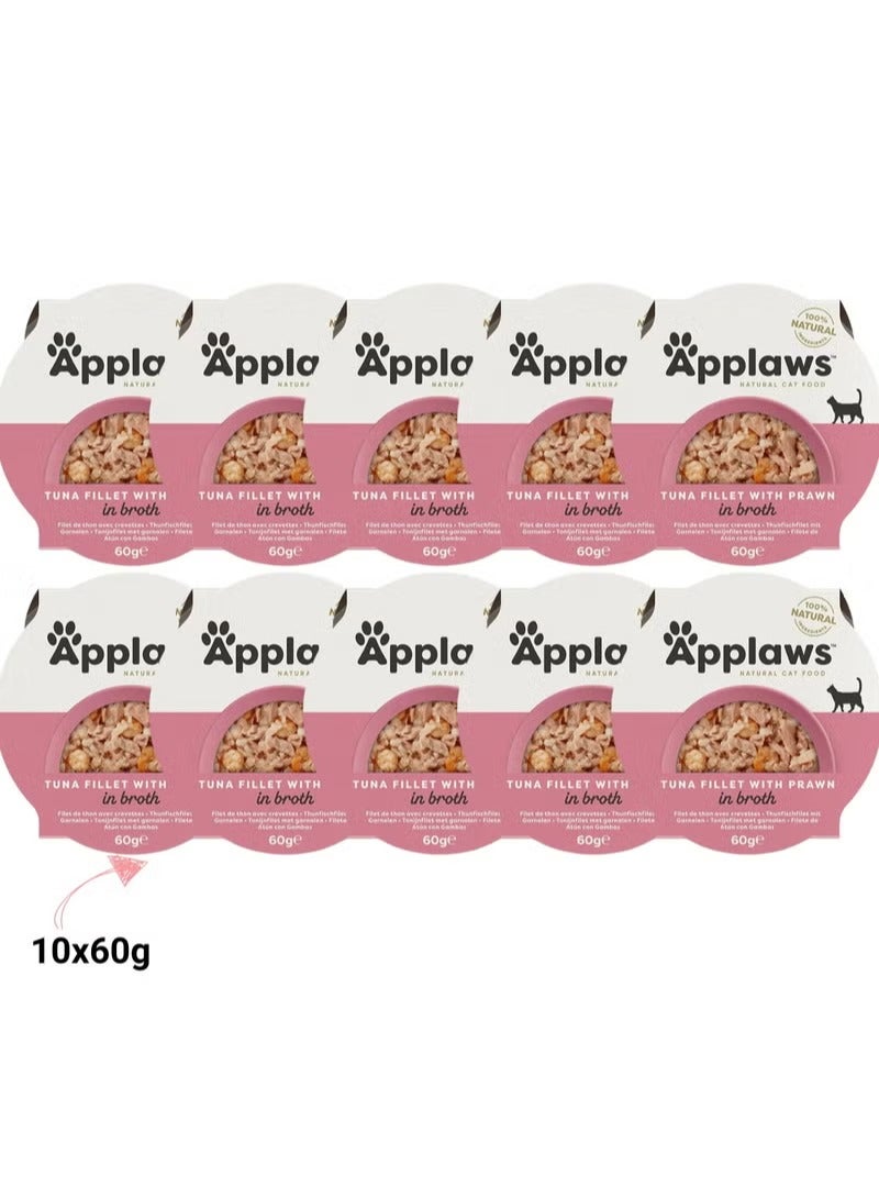 Applaws Cat Adult Wet Food With Tuna Fillet With Prawn In Broth Flavor - 10x60g Pack - Natural Grain-Free Wet Cat Food, High-Protein & Delicious for Adult Cats - Image 1