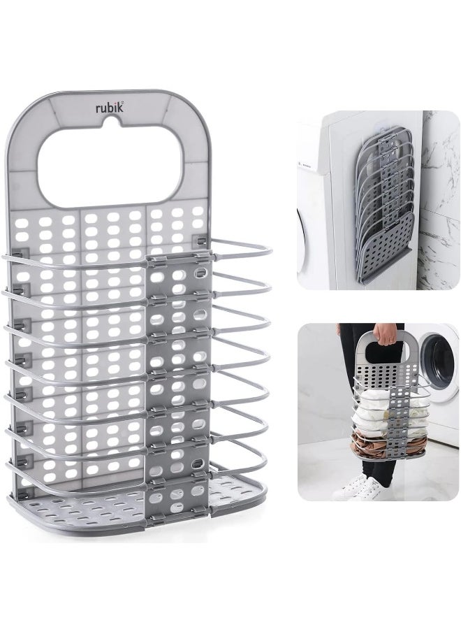 Rubik - Foldable Laundry Basket Plastic With Handle For Bathroom, Slim Wall Hanging Type Multipurpose Suitable For Laundry, Storage, Toys (Grey) - Image 1
