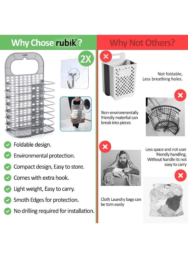 Rubik - Foldable Laundry Basket Plastic With Handle For Bathroom, Slim Wall Hanging Type Multipurpose Suitable For Laundry, Storage, Toys (Grey) - Image 1