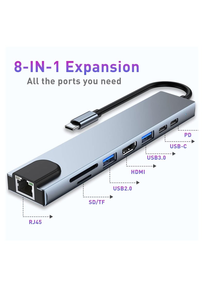 Vonqu - 8 in 1 Typ-C Adapter with 4K HDMI 100W PD USB C Port USB 3.0 RJ45 Ethernet SD/TF Card Reader Docking Station Compatible with MacBook Pro Typ-C Laptops and Other Type C Devices - Image 1