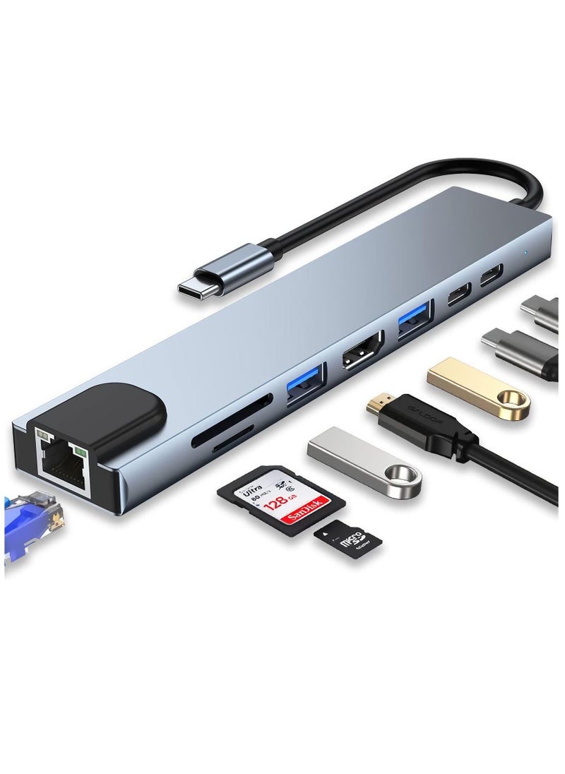Vonqu - 8 in 1 Typ-C Adapter with 4K HDMI 100W PD USB C Port USB 3.0 RJ45 Ethernet SD/TF Card Reader Docking Station Compatible with MacBook Pro Typ-C Laptops and Other Type C Devices - Image 1