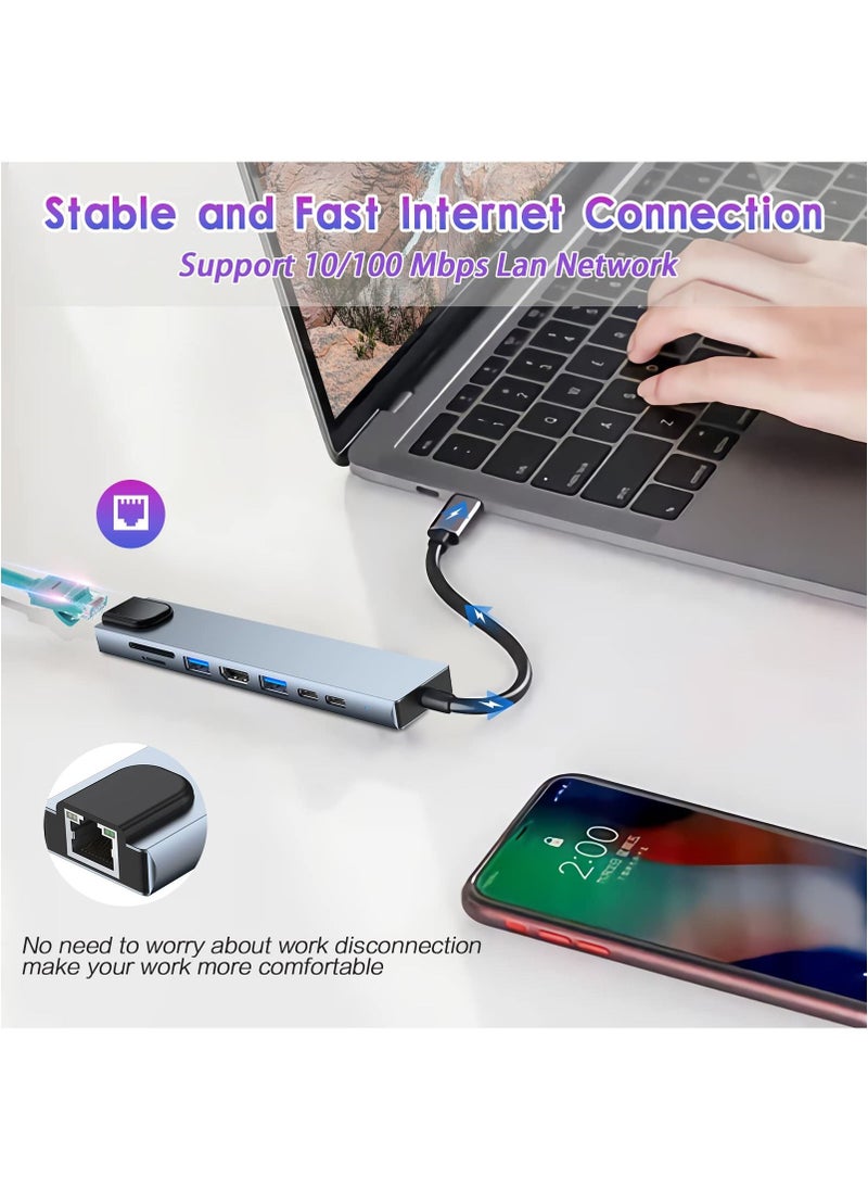 Vonqu - 8 in 1 Typ-C Adapter with 4K HDMI 100W PD USB C Port USB 3.0 RJ45 Ethernet SD/TF Card Reader Docking Station Compatible with MacBook Pro Typ-C Laptops and Other Type C Devices - Image 1