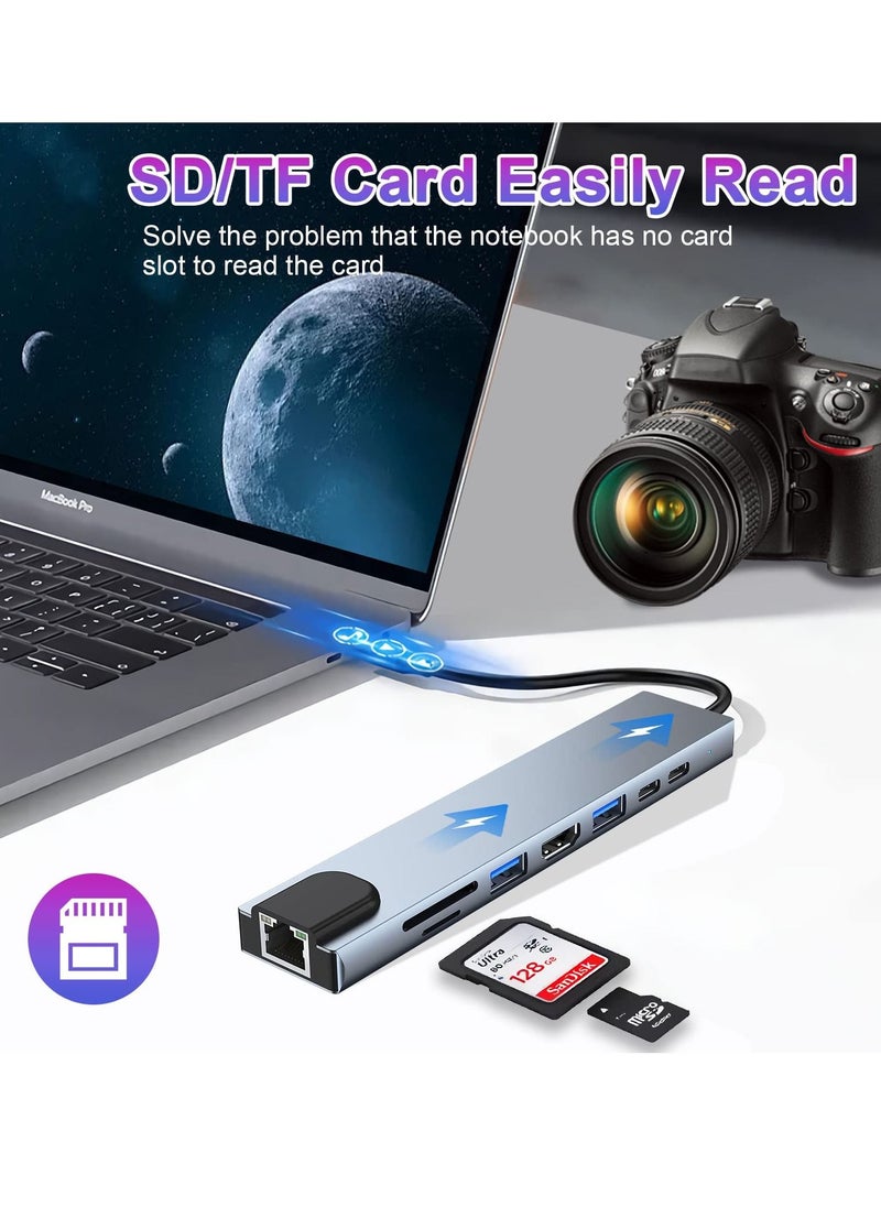 Vonqu - 8 in 1 Typ-C Adapter with 4K HDMI 100W PD USB C Port USB 3.0 RJ45 Ethernet SD/TF Card Reader Docking Station Compatible with MacBook Pro Typ-C Laptops and Other Type C Devices - Image 1