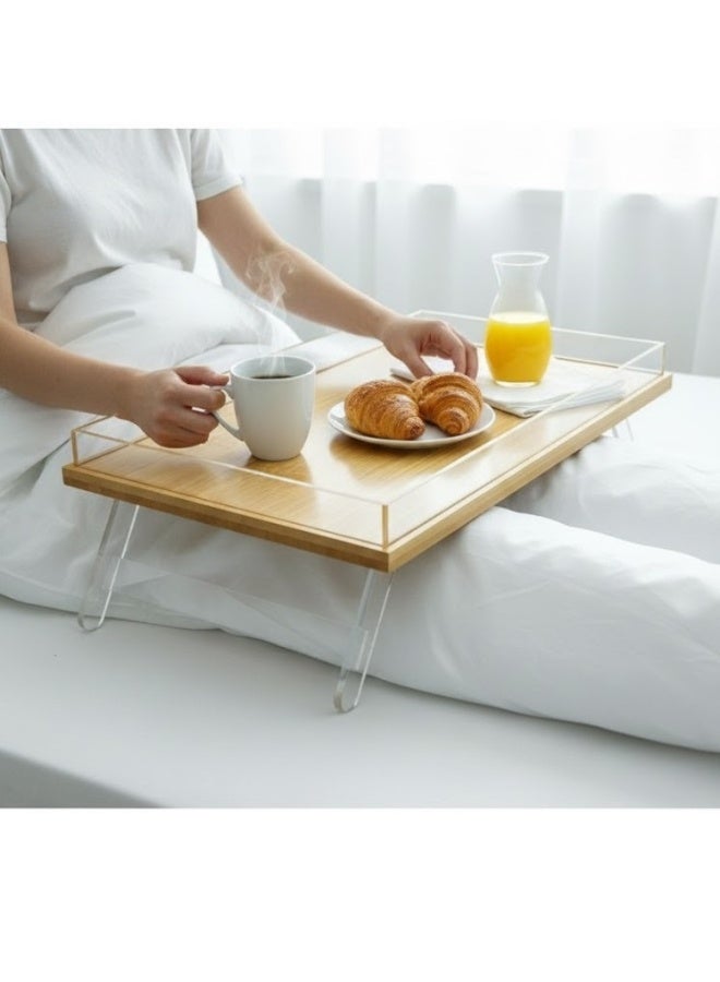 صينية تقديم من الاكريليك والبامبو، منظم صينية لطاولة الطعام والقهوة على سطح الطاولة، الافطار، ارجل تفتح وتغلق 42سم - Image 1