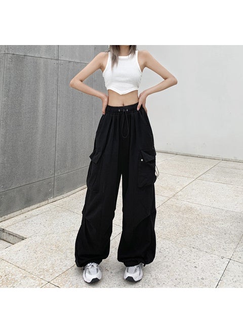 Retro American Cargo Pants Womens Summer Versatile Loose Straight-Leg Trousers Black
