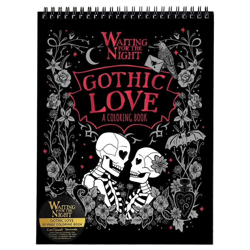 Conquest Journals Waiting for The Night Gothic Love Coloring Book, Goth Valentine's Day-Inspired Designs to Color, 30 Perforated Pages, Top-Spiral, Durable Bookboard-Wrapped Back Cover, 8'' x 10.5'' - Image 1