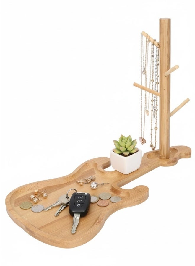 Happy Home Natural Bamboo Wood Guitar Key Storage Tray - Decorative Pumpkin Base with 4-Tier Metal Holder for Hanging Keys, Jewelry, Watches, and Accessories, Multi-Use Easy-to-Assemble Entryway Tray for Office, Living Room, and Bedroom, Modern Japanese Design - Image 1