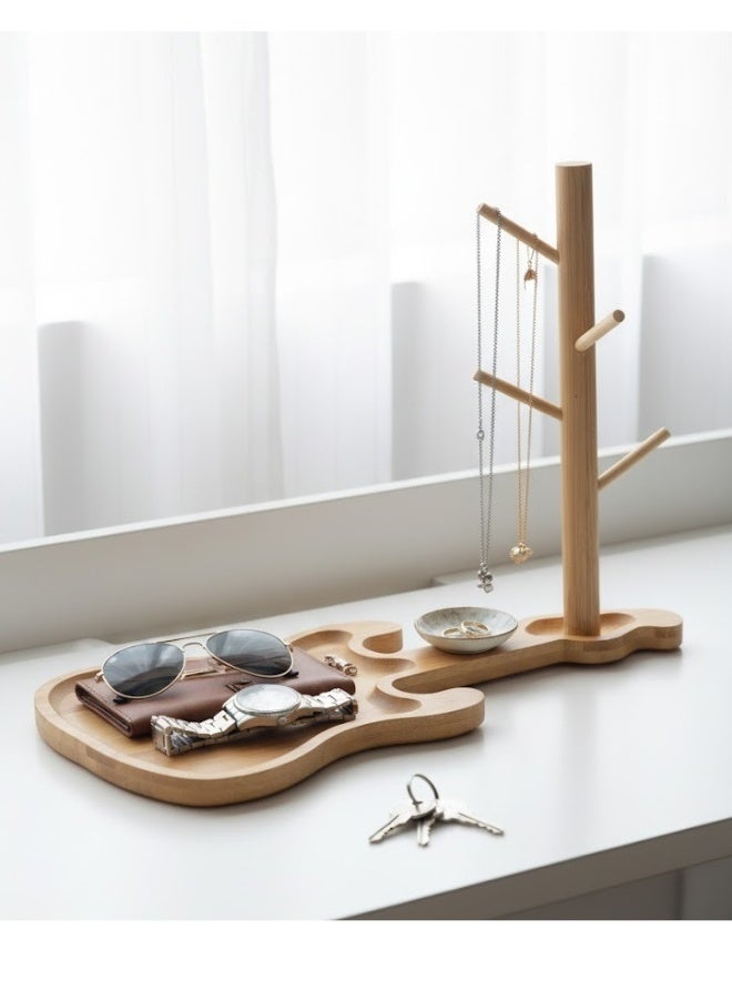 Happy Home Natural Bamboo Wood Guitar Key Storage Tray - Decorative Pumpkin Base with 4-Tier Metal Holder for Hanging Keys, Jewelry, Watches, and Accessories, Multi-Use Easy-to-Assemble Entryway Tray for Office, Living Room, and Bedroom, Modern Japanese Design - Image 2