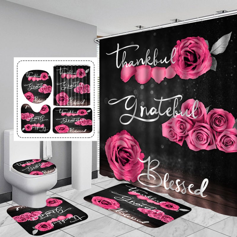 Hadint 4Pcs Pink Rose Shower Curtain Sets, Thankful Grateful Blessed Bathroom Curtain with Non-Slip Rug, Toilet Lid Cover, Bath Mat and 12 Hooks, Romantic Showy Floral Wedding Decor for Bath, 72 x 72 inch - Image 1