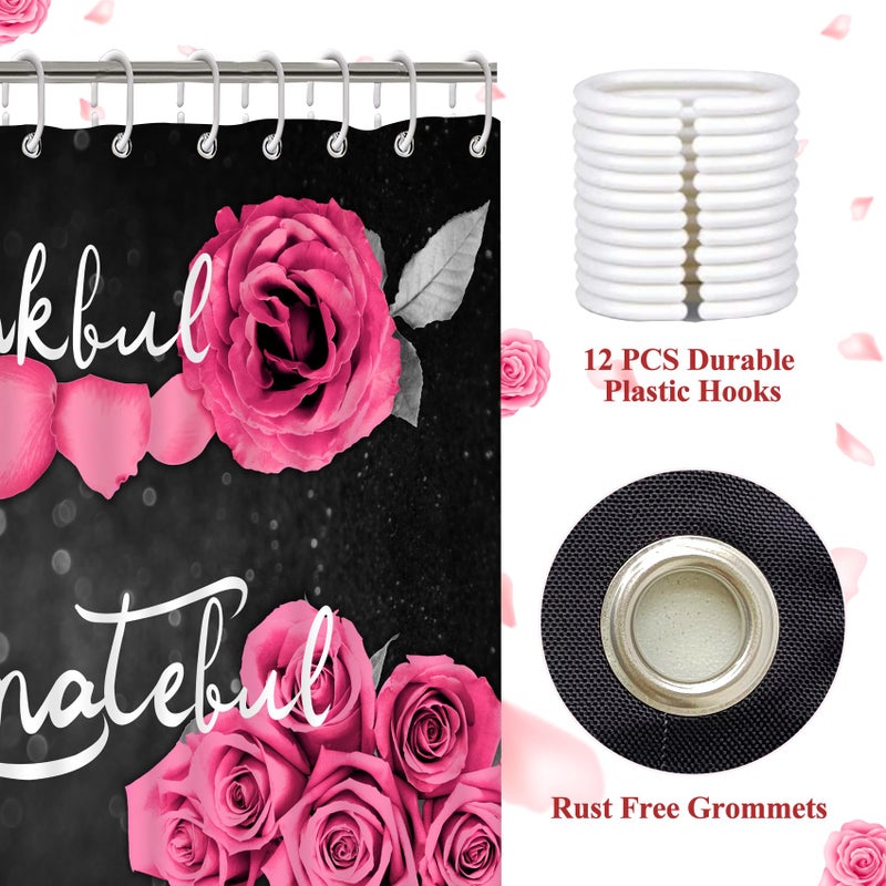 Hadint 4Pcs Pink Rose Shower Curtain Sets, Thankful Grateful Blessed Bathroom Curtain with Non-Slip Rug, Toilet Lid Cover, Bath Mat and 12 Hooks, Romantic Showy Floral Wedding Decor for Bath, 72 x 72 inch - Image 4