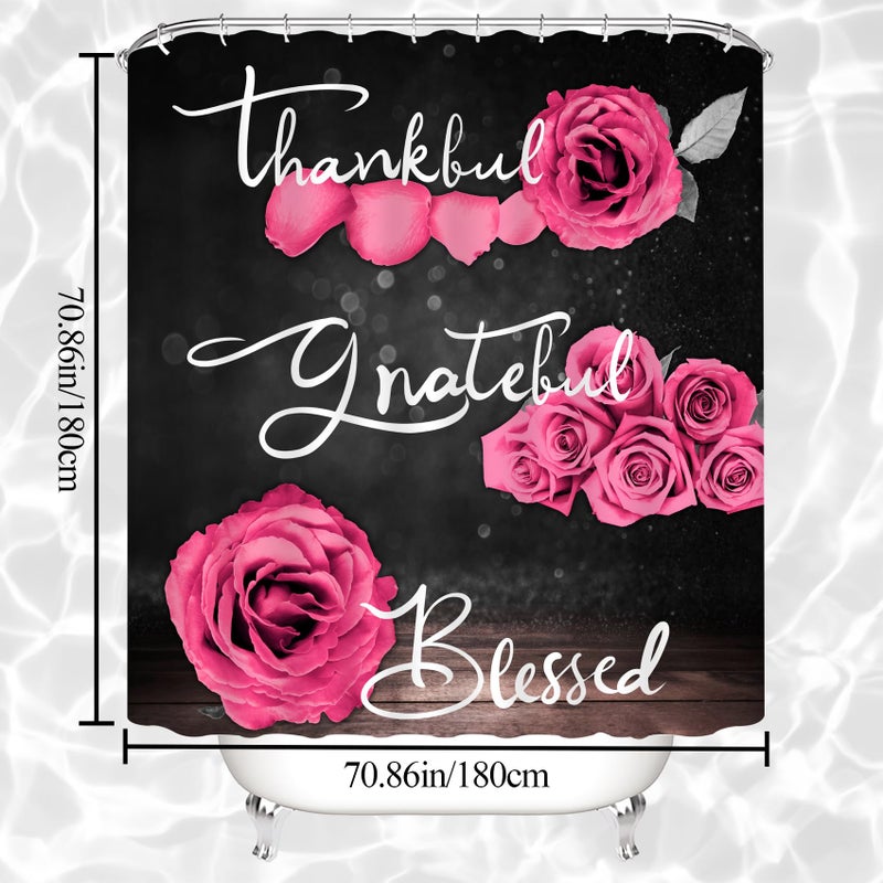 Hadint 4Pcs Pink Rose Shower Curtain Sets, Thankful Grateful Blessed Bathroom Curtain with Non-Slip Rug, Toilet Lid Cover, Bath Mat and 12 Hooks, Romantic Showy Floral Wedding Decor for Bath, 72 x 72 inch - Image 2