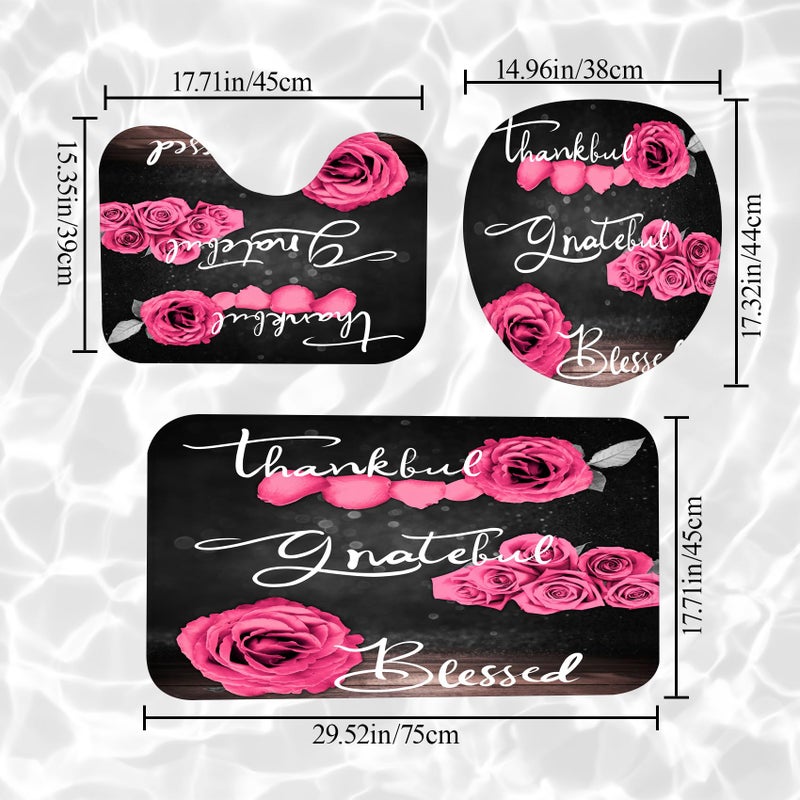 Hadint 4Pcs Pink Rose Shower Curtain Sets, Thankful Grateful Blessed Bathroom Curtain with Non-Slip Rug, Toilet Lid Cover, Bath Mat and 12 Hooks, Romantic Showy Floral Wedding Decor for Bath, 72 x 72 inch - Image 3