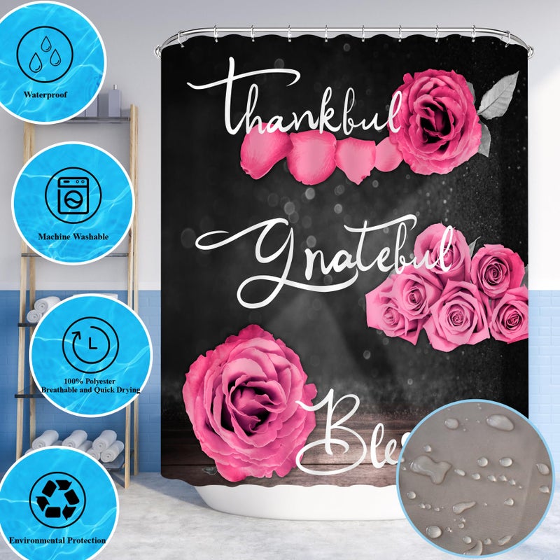 Hadint 4Pcs Pink Rose Shower Curtain Sets, Thankful Grateful Blessed Bathroom Curtain with Non-Slip Rug, Toilet Lid Cover, Bath Mat and 12 Hooks, Romantic Showy Floral Wedding Decor for Bath, 72 x 72 inch - Image 5