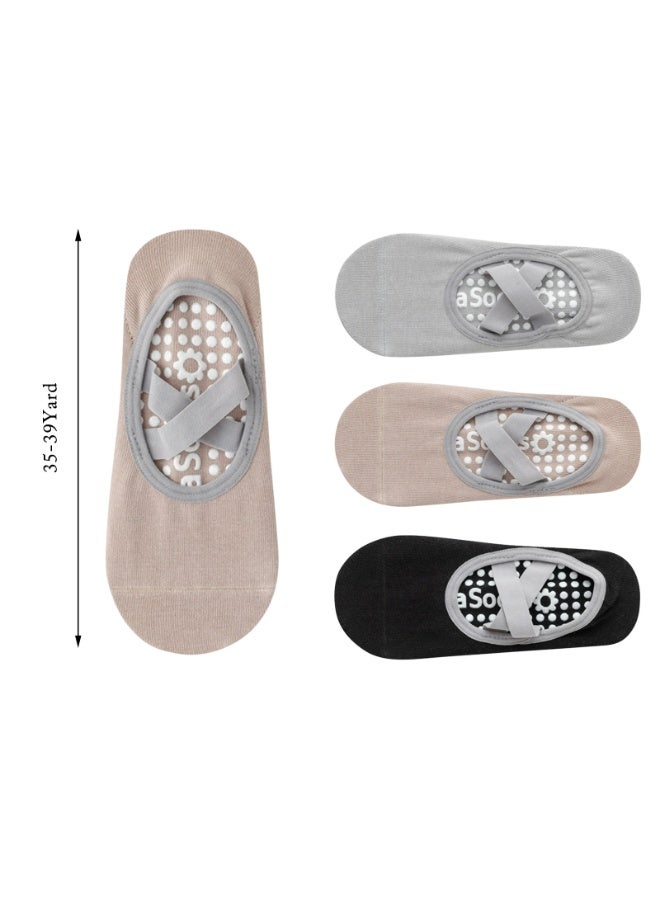 Sports non-slip socks indoor special yoga socks silicone non-slip breathable solid color women's boat socks Pilates socks(Beige+Black+Gray) - Image 2