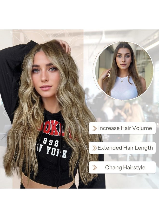 KooKaStyle Invisible Wire Hair Extensions With Transparent Headband Adjustable Size 4 Secure Clips Long Wavy Secret Wire Hairpiece 20 Inch Medium Brown Ash Blonde For Women 