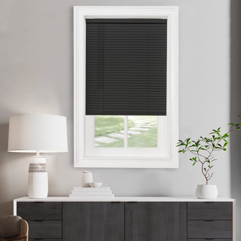 Cordless Light Filtering Mini Blind 52 Inch Width 64 Inch Length 1 Slat Size Black Cordless GII Morningstar Horizontal Windows Blinds for Interior by Achim Home Decor