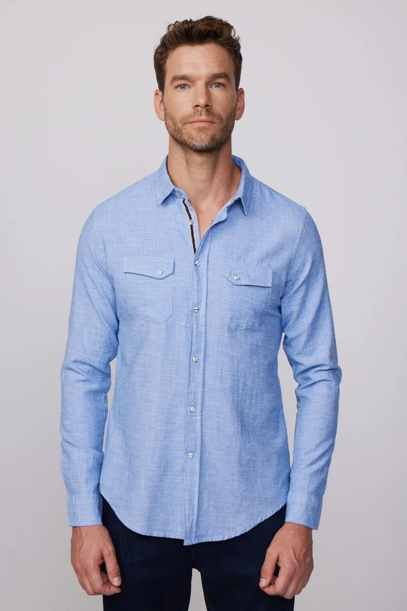 تودورس Slim Fit Double Pocket Flap Snap Fastener Piping Cotton Linen Blue Men's Shirt