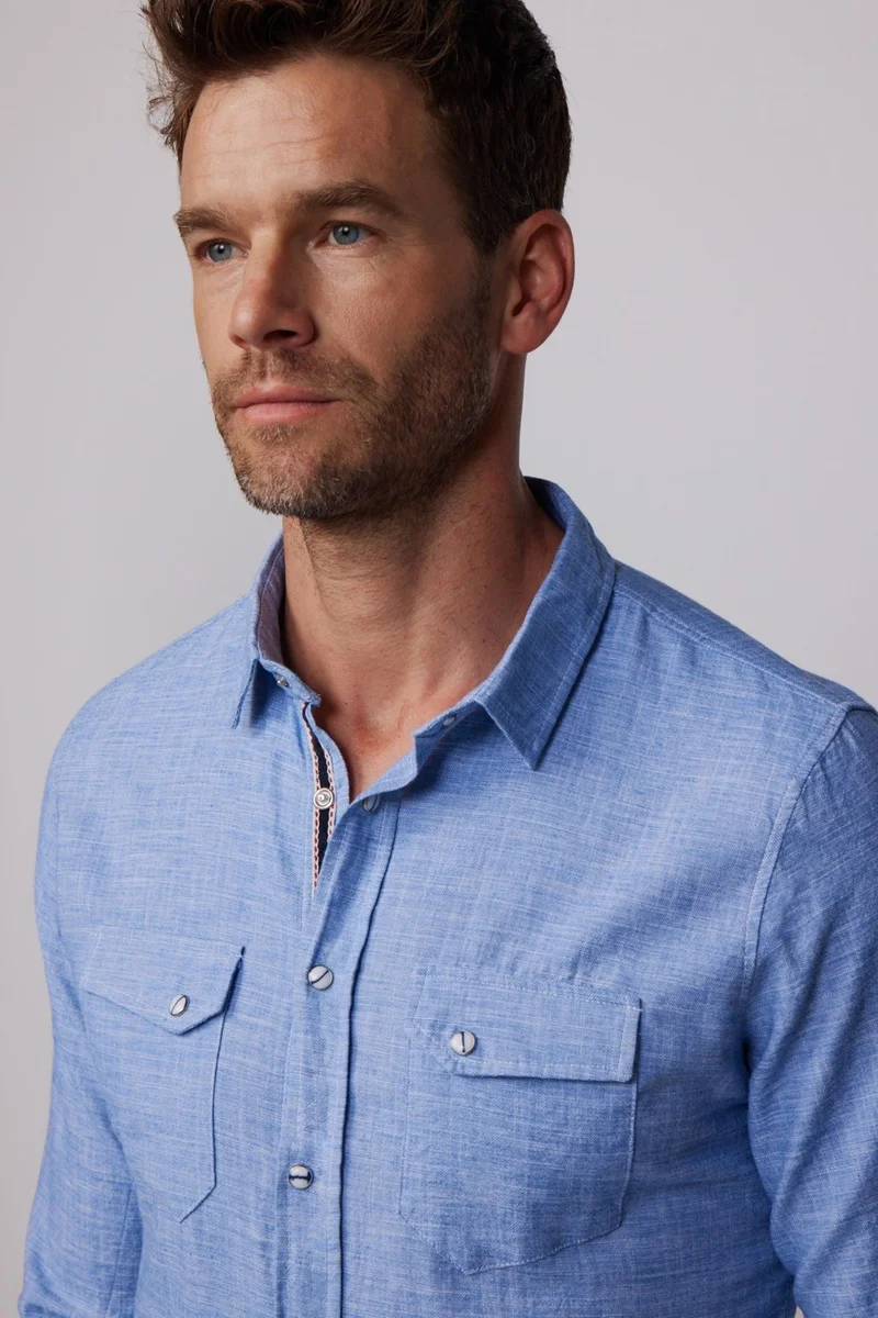 تودورس Slim Fit Double Pocket Flap Snap Fastener Piping Cotton Linen Blue Men's Shirt