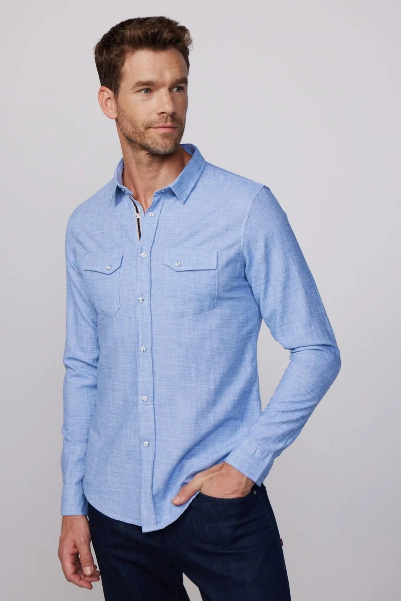 تودورس Slim Fit Double Pocket Flap Snap Fastener Piping Cotton Linen Blue Men's Shirt