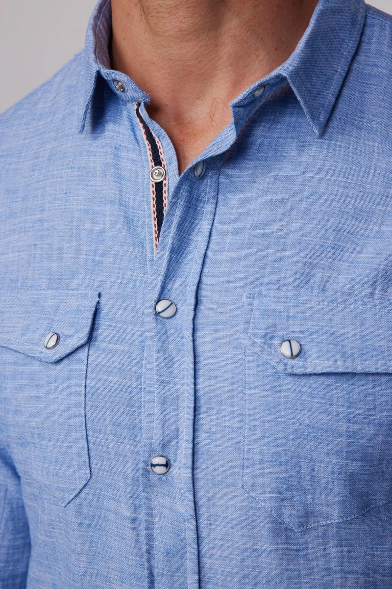 تودورس Slim Fit Double Pocket Flap Snap Fastener Piping Cotton Linen Blue Men's Shirt
