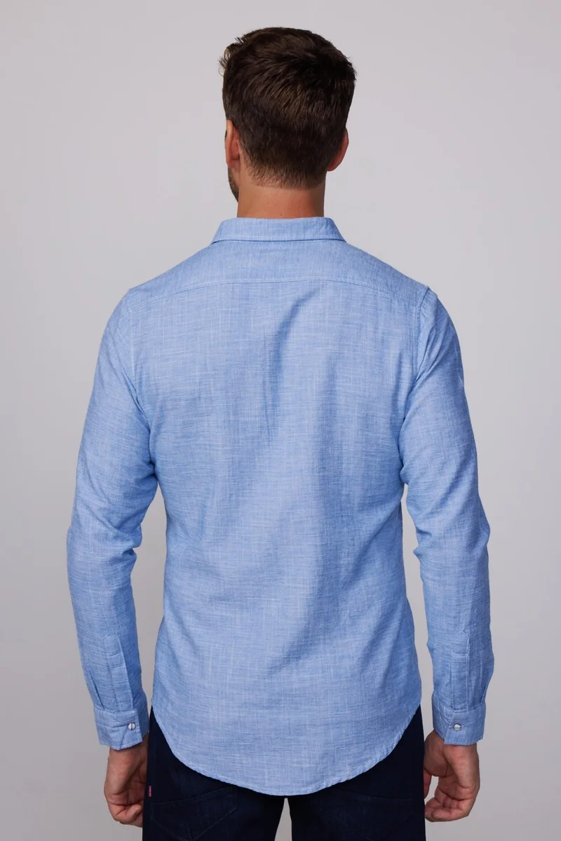 تودورس Slim Fit Double Pocket Flap Snap Fastener Piping Cotton Linen Blue Men's Shirt